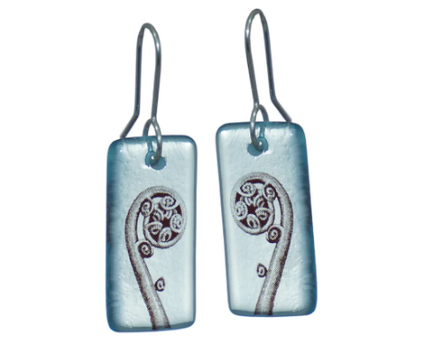 Glass Fern Spiral Earrings - Light Blue